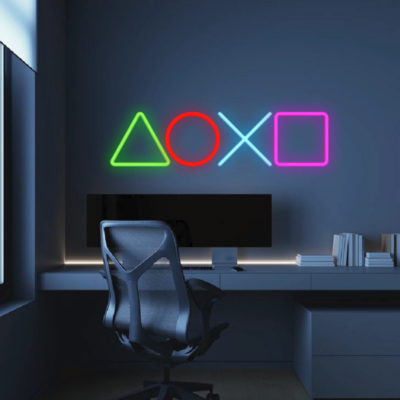 neon led logo playstation signs over desk