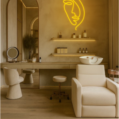 neon led twarz z włosami w salonie beauty