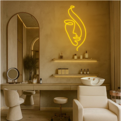 neon led twarz z włosami w salonie beauty